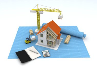 3D render illüstrasyon üstüne açık iç evi. Planları, belgeleri, vinç ve mortgage hesaplama.