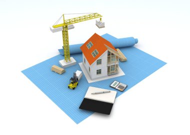 3D render illüstrasyon üstüne açık iç evi. Planları, belgeleri, vinç ve mortgage hesaplama.