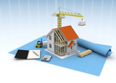 3D render illüstrasyon üstüne açık iç evi. Planları, belgeleri, vinç ve mortgage hesaplama.