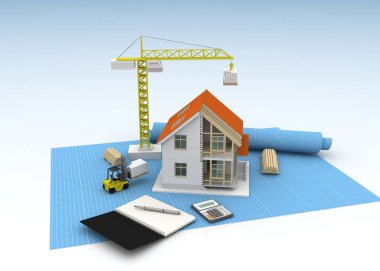 3D render illüstrasyon üstüne açık iç evi. Planları, belgeleri, vinç ve mortgage hesaplama.