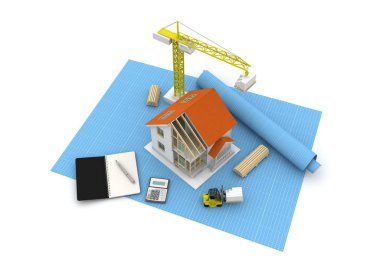 3D render illüstrasyon üstüne açık iç evi. Planları, belgeleri, vinç ve mortgage hesaplama.