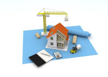 3D render illüstrasyon üstüne açık iç evi. Planları, belgeleri, vinç ve mortgage hesaplama.