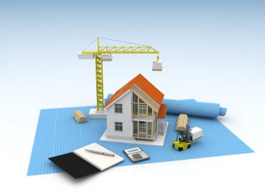 3D render illüstrasyon üstüne açık iç evi. Planları, belgeleri, vinç ve mortgage hesaplama.