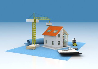 3D render illüstrasyon üstüne açık iç evi. Planları, belgeleri, vinç ve mortgage hesaplama.