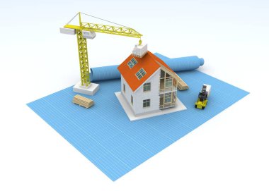 3D render illüstrasyon üstüne açık iç evi. Planları, belgeleri, vinç ve mortgage hesaplama.