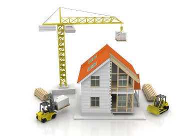 3D render illüstrasyon üstüne açık iç evi. Planları, belgeleri, vinç ve mortgage hesaplama.