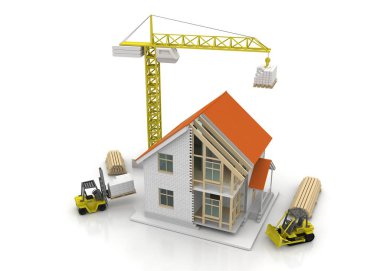 3D render illüstrasyon üstüne açık iç evi. Planları, belgeleri, vinç ve mortgage hesaplama.