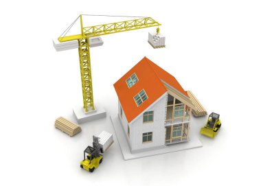 3D render illüstrasyon üstüne açık iç evi. Planları, belgeleri, vinç ve mortgage hesaplama.