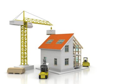 3D render illüstrasyon üstüne açık iç evi. Planları, belgeleri, vinç ve mortgage hesaplama.