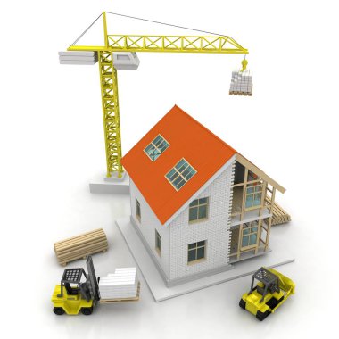 3D render illüstrasyon üstüne açık iç evi. Planları, belgeleri, vinç ve mortgage hesaplama.