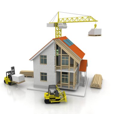 3D render illüstrasyon üstüne açık iç evi. Planları, belgeleri, vinç ve mortgage hesaplama.