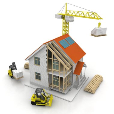 3D render illüstrasyon üstüne açık iç evi. Planları, belgeleri, vinç ve mortgage hesaplama.