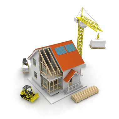 3D render illüstrasyon üstüne açık iç evi. Planları, belgeleri, vinç ve mortgage hesaplama.