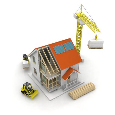 3D render illüstrasyon üstüne açık iç evi. Planları, belgeleri, vinç ve mortgage hesaplama.