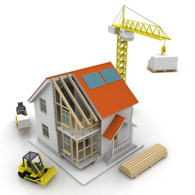 3D render illüstrasyon üstüne açık iç evi. Planları, belgeleri, vinç ve mortgage hesaplama.