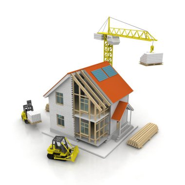 3D render illüstrasyon üstüne açık iç evi. Planları, belgeleri, vinç ve mortgage hesaplama.