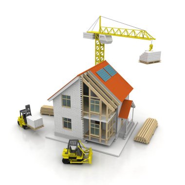3D render illüstrasyon üstüne açık iç evi. Planları, belgeleri, vinç ve mortgage hesaplama.