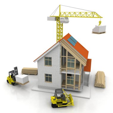 3D render illüstrasyon üstüne açık iç evi. Planları, belgeleri, vinç ve mortgage hesaplama.