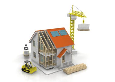 3D render illüstrasyon üstüne açık iç evi. Planları, belgeleri, vinç ve mortgage hesaplama.