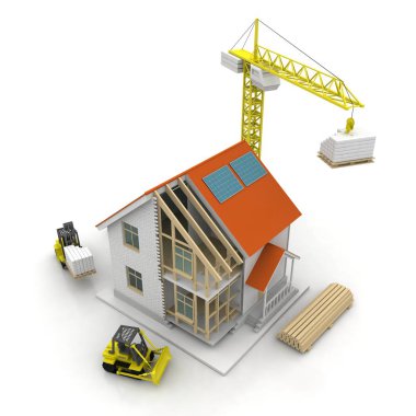 3D render illüstrasyon üstüne açık iç evi. Planları, belgeleri, vinç ve mortgage hesaplama.