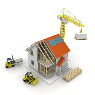 3D render illüstrasyon üstüne açık iç evi. Planları, belgeleri, vinç ve mortgage hesaplama.