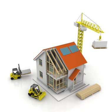 3D render illüstrasyon üstüne açık iç evi. Planları, belgeleri, vinç ve mortgage hesaplama.