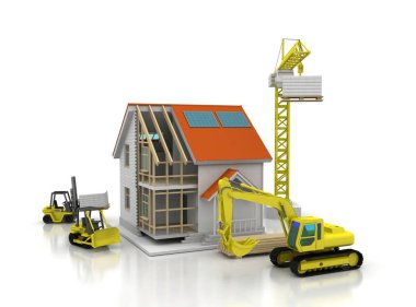 3D render illüstrasyon üstüne açık iç evi. Planları, belgeleri, vinç ve mortgage hesaplama.