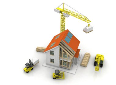 3D render illüstrasyon üstüne açık iç evi. Planları, belgeleri, vinç ve mortgage hesaplama.