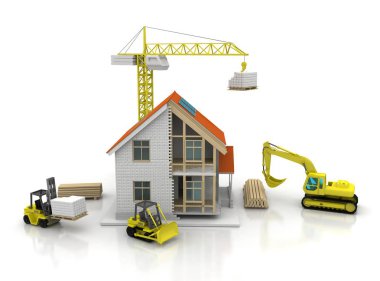 3D render illüstrasyon üstüne açık iç evi. Planları, belgeleri, vinç ve mortgage hesaplama.