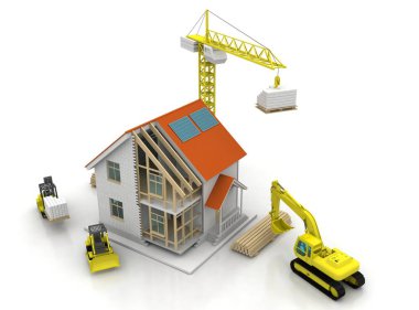 3D render illüstrasyon üstüne açık iç evi. Planları, belgeleri, vinç ve mortgage hesaplama.