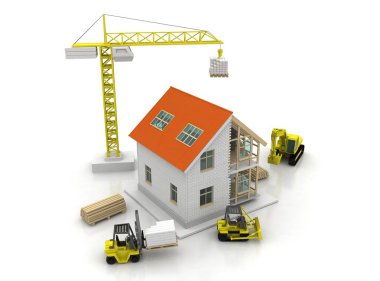 3D render illüstrasyon üstüne açık iç evi. Planları, belgeleri, vinç ve mortgage hesaplama.