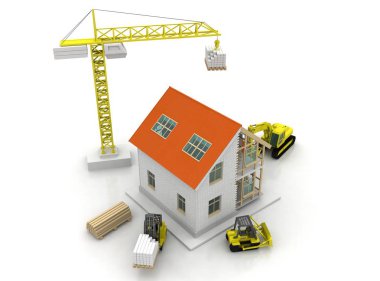 3D render illüstrasyon üstüne açık iç evi. Planları, belgeleri, vinç ve mortgage hesaplama.