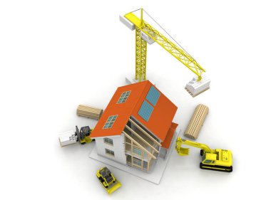 3D render illüstrasyon üstüne açık iç evi. Planları, belgeleri, vinç ve mortgage hesaplama.