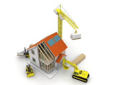 3D render illüstrasyon üstüne açık iç evi. Planları, belgeleri, vinç ve mortgage hesaplama.