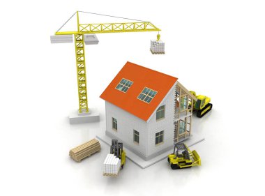 3D render illüstrasyon üstüne açık iç evi. Planları, belgeleri, vinç ve mortgage hesaplama.