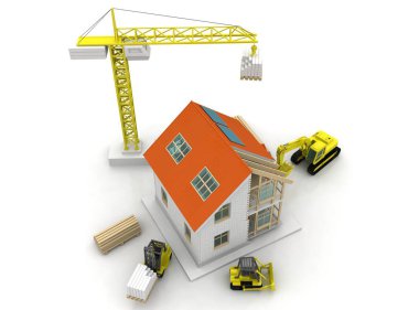 3D render illüstrasyon üstüne açık iç evi. Planları, belgeleri, vinç ve mortgage hesaplama.