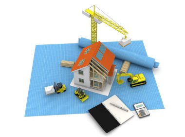 3D render illüstrasyon üstüne açık iç evi. Planları, belgeleri, vinç ve mortgage hesaplama.