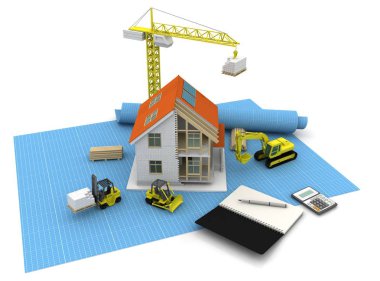 3D render illüstrasyon üstüne açık iç evi. Planları, belgeleri, vinç ve mortgage hesaplama.