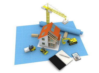 3D render illüstrasyon üstüne açık iç evi. Planları, belgeleri, vinç ve mortgage hesaplama.