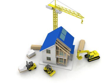 3D render illüstrasyon üstüne açık iç evi. Planları, belgeleri, vinç ve mortgage hesaplama.