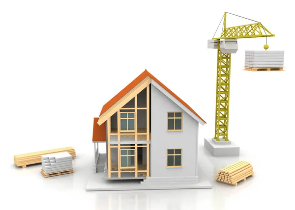 房子3D 渲染插图与开放的内部在顶部 起重机和抵押贷款计算 — 图库照片
