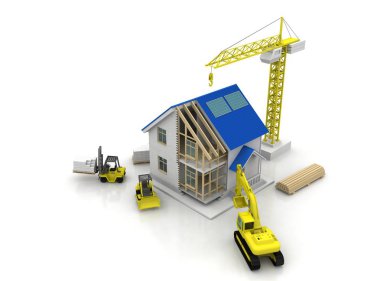 3D render illüstrasyon üstüne açık iç evi. Planları, belgeleri, vinç ve mortgage hesaplama.