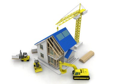 3D render illüstrasyon üstüne açık iç evi. Planları, belgeleri, vinç ve mortgage hesaplama.