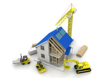 3D render illüstrasyon üstüne açık iç evi. Planları, belgeleri, vinç ve mortgage hesaplama.