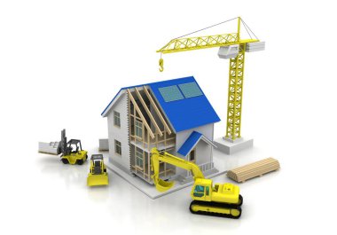 3D render illüstrasyon üstüne açık iç evi. Planları, belgeleri, vinç ve mortgage hesaplama.