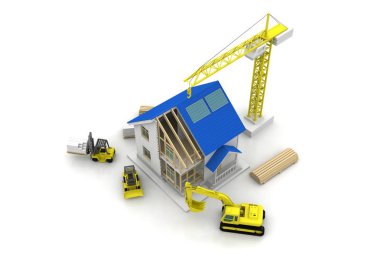 3D render illüstrasyon üstüne açık iç evi. Planları, belgeleri, vinç ve mortgage hesaplama.