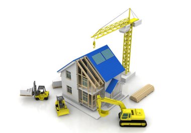 3D render illüstrasyon üstüne açık iç evi. Planları, belgeleri, vinç ve mortgage hesaplama.