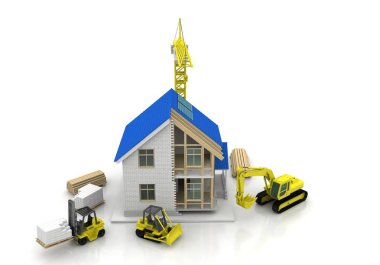 3D render illüstrasyon üstüne açık iç evi. Planları, belgeleri, vinç ve mortgage hesaplama.