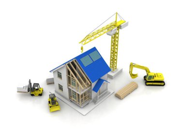 3D render illüstrasyon üstüne açık iç evi. Planları, belgeleri, vinç ve mortgage hesaplama.