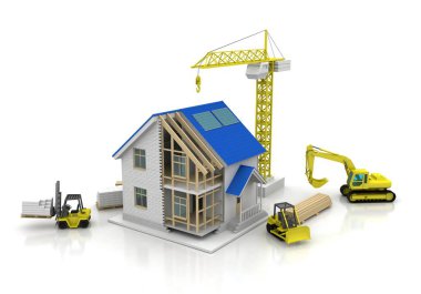 3D render illüstrasyon üstüne açık iç evi. Planları, belgeleri, vinç ve mortgage hesaplama.